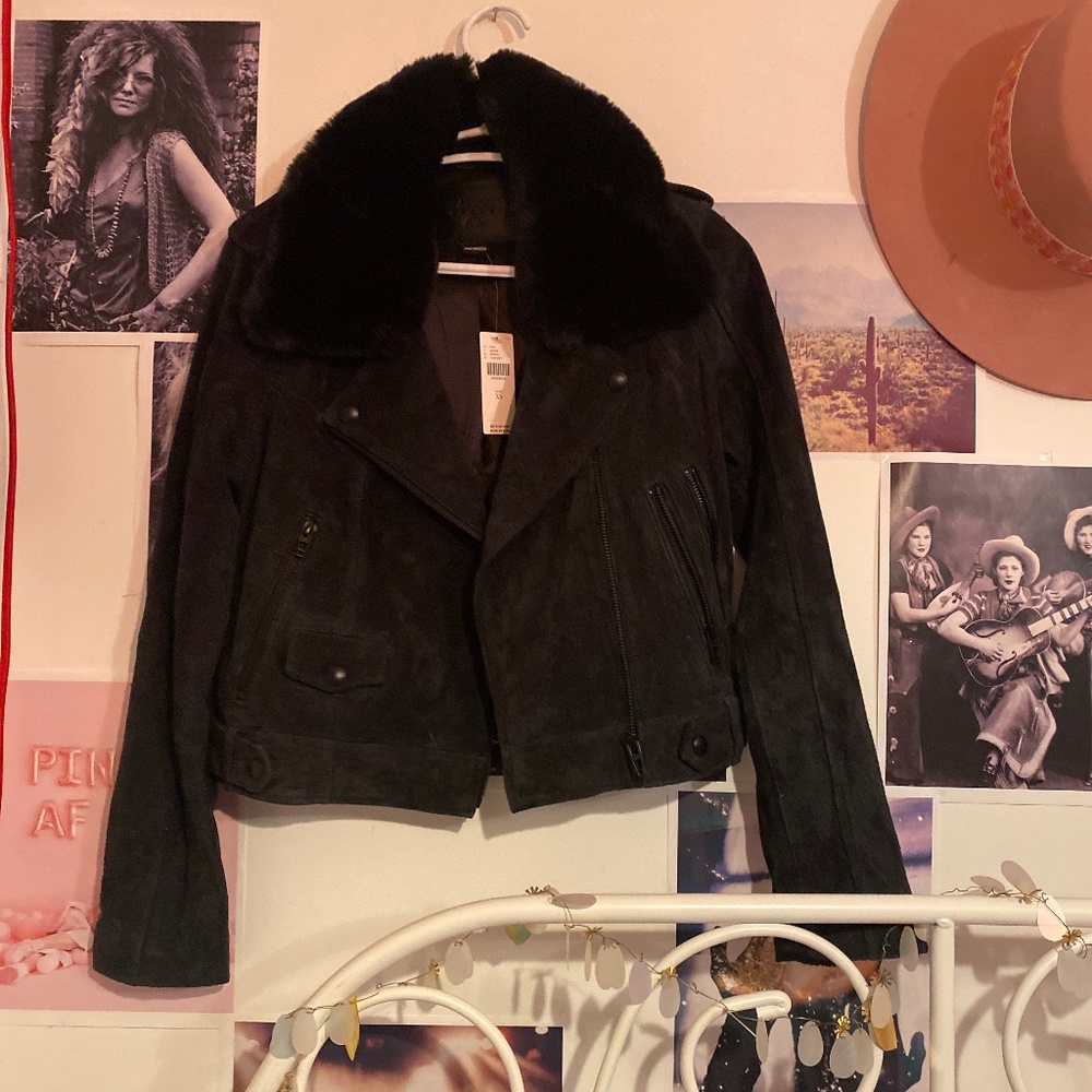 Anthropologie Black Suede Leather Jacket with Faux Fur Collar